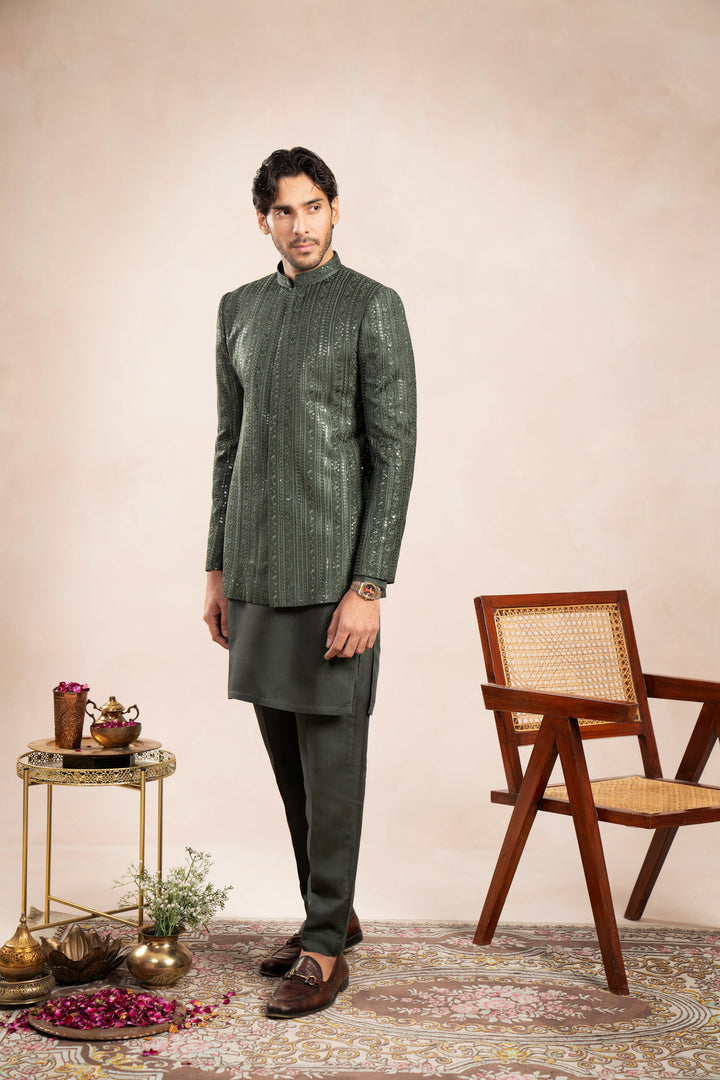 Muraqsh Ready To Wear Embroidered Cotton Men Olive Green Falling Prince Coat MUR-OGFEP - Summer Collection