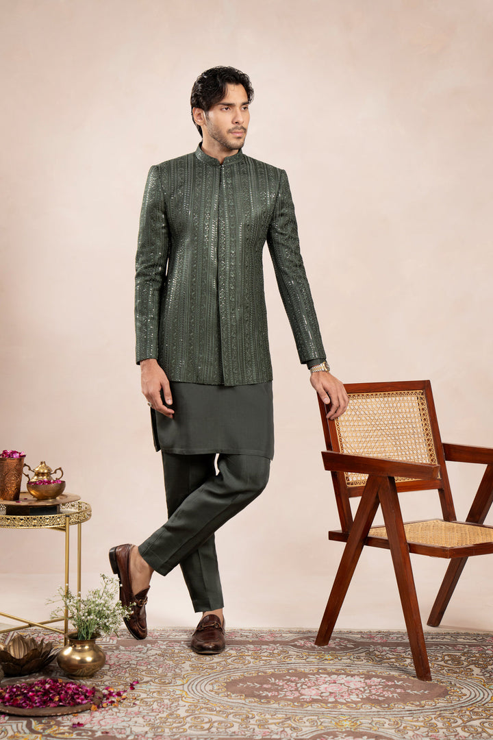 Muraqsh Ready To Wear Embroidered Cotton Men Olive Green Kurta Trouser with Falling Prince Coat ABD-OGKTW - Summer Collection