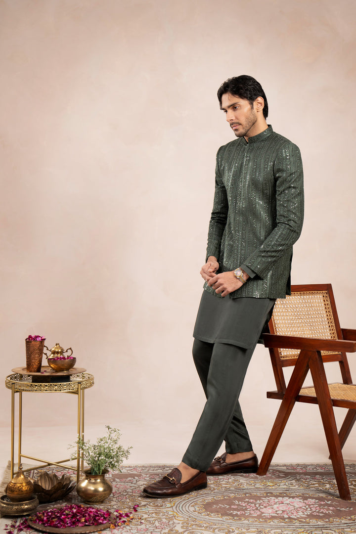 Muraqsh Ready To Wear Embroidered Cotton Men Olive Green Kurta Trouser with Falling Prince Coat ABD-OGKTW - Summer Collection