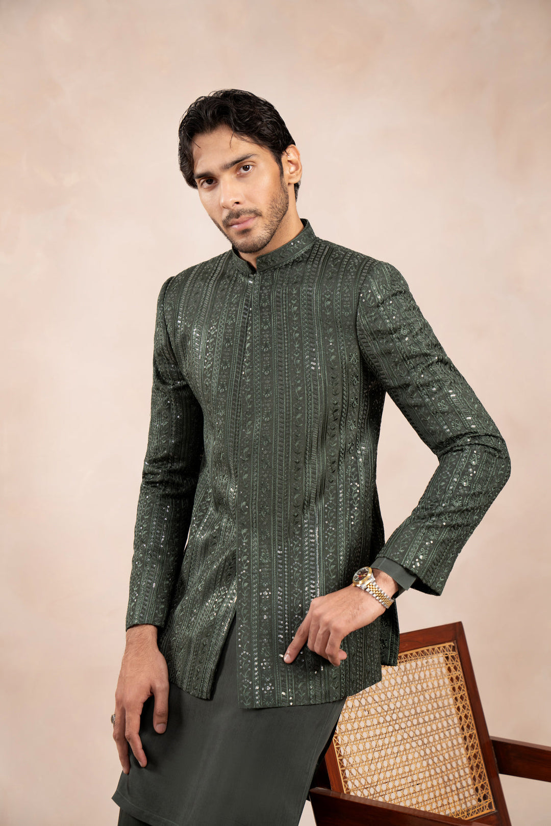 Muraqsh Ready To Wear Embroidered Cotton Men Olive Green Kurta Trouser with Falling Prince Coat ABD-OGKTW - Summer Collection
