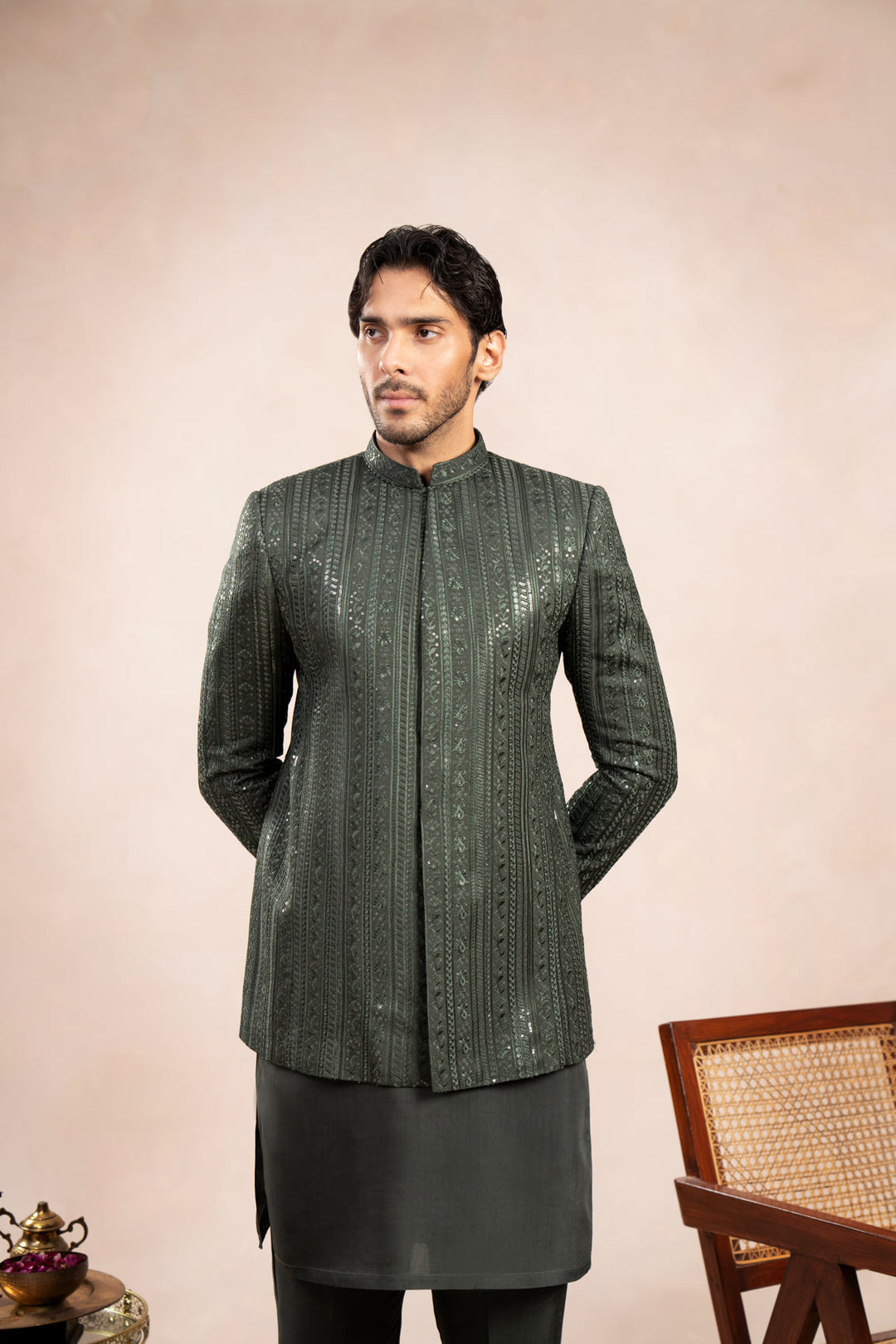 Muraqsh Ready To Wear Embroidered Cotton Men Olive Green Kurta Trouser with Falling Prince Coat ABD-OGKTW - Summer Collection