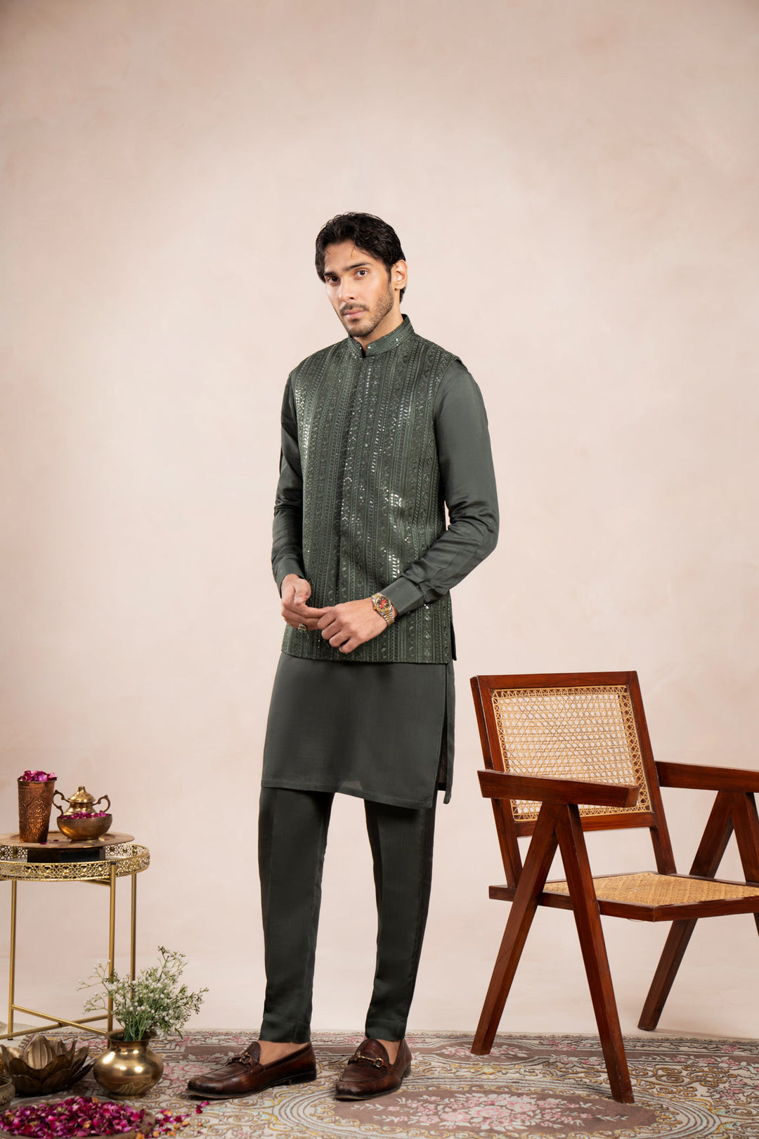 Muraqsh Ready To Wear Embroidered Cotton Men Olive Green Kurta Trouser with Falling Waistcoat MUR-OGKTW - Summer Collection