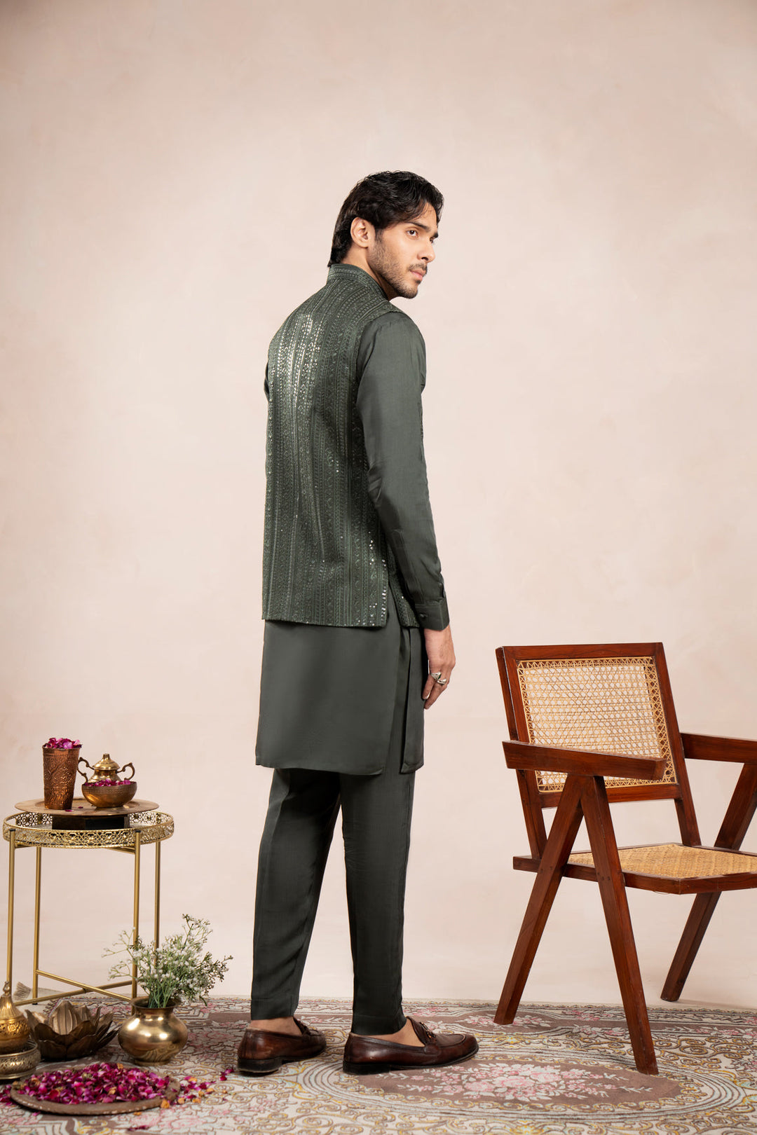 Muraqsh Ready To Wear Embroidered Cotton Men Olive Green Kurta Trouser with Falling Waistcoat MUR-OGKTW - Summer Collection