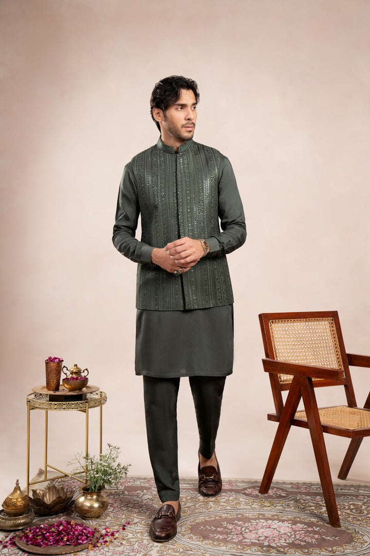 Muraqsh Ready To Wear Embroidered Cotton Men Olive Green Falling Waistcoat MUR-OGFEW - Summer Collection