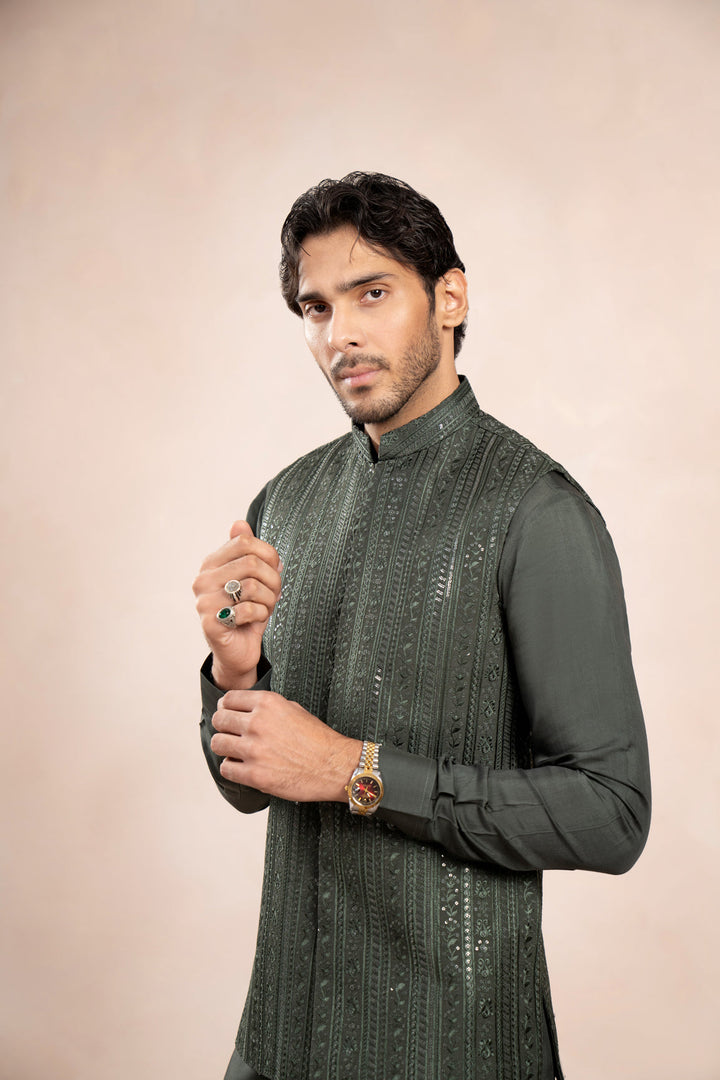 Muraqsh Ready To Wear Embroidered Cotton Men Olive Green Kurta Trouser with Falling Waistcoat MUR-OGKTW - Summer Collection