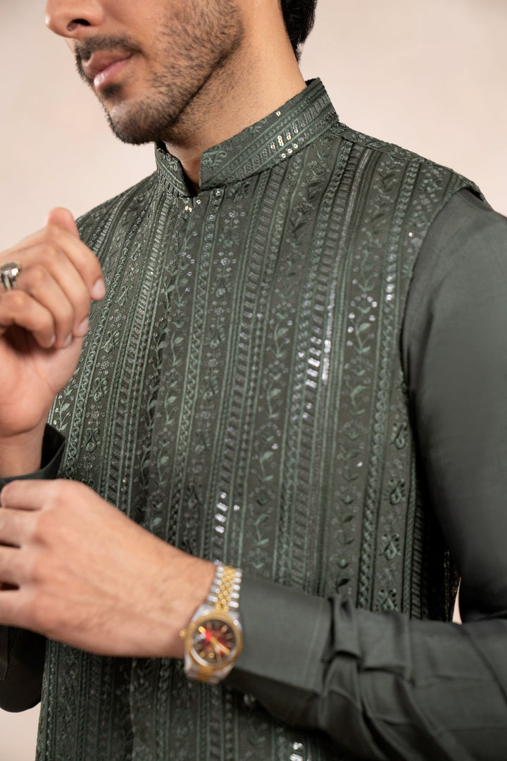 Muraqsh Ready To Wear Embroidered Cotton Men Olive Green Falling Waistcoat MUR-OGFEW - Summer Collection
