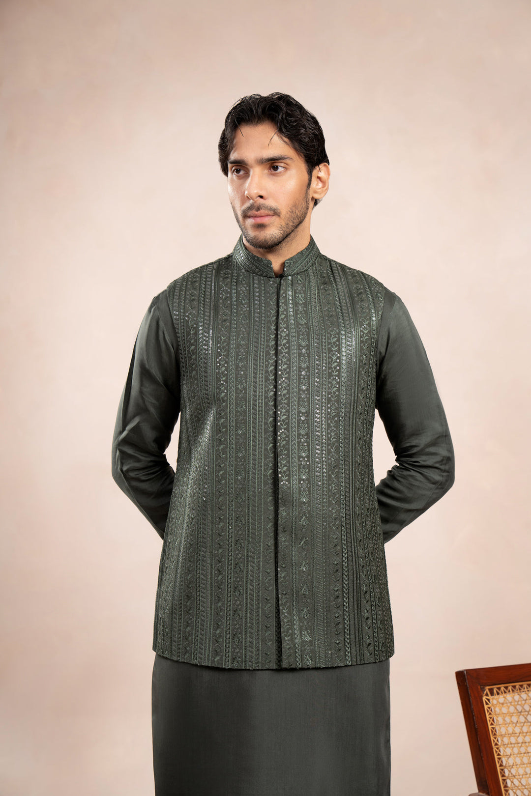 Muraqsh Ready To Wear Embroidered Cotton Men Olive Green Falling Waistcoat MUR-OGFEW - Summer Collection