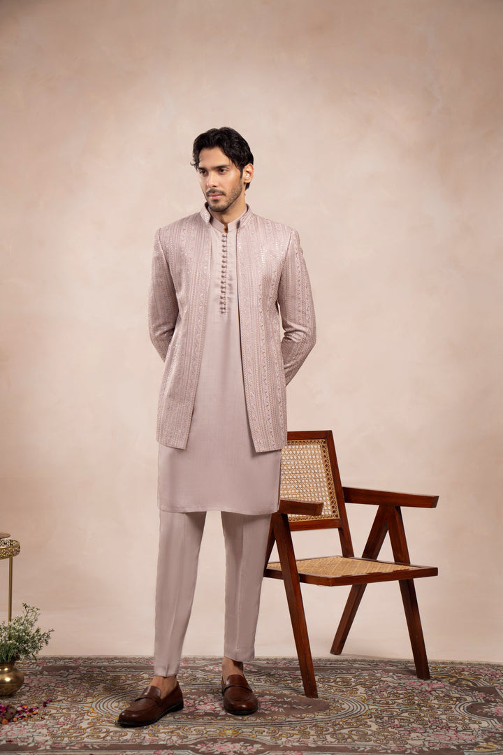 Muraqsh Ready To Wear Embroidered Cotton Men Pink Falling Open Prince Coat MUR-PFEOP - Summer Collection