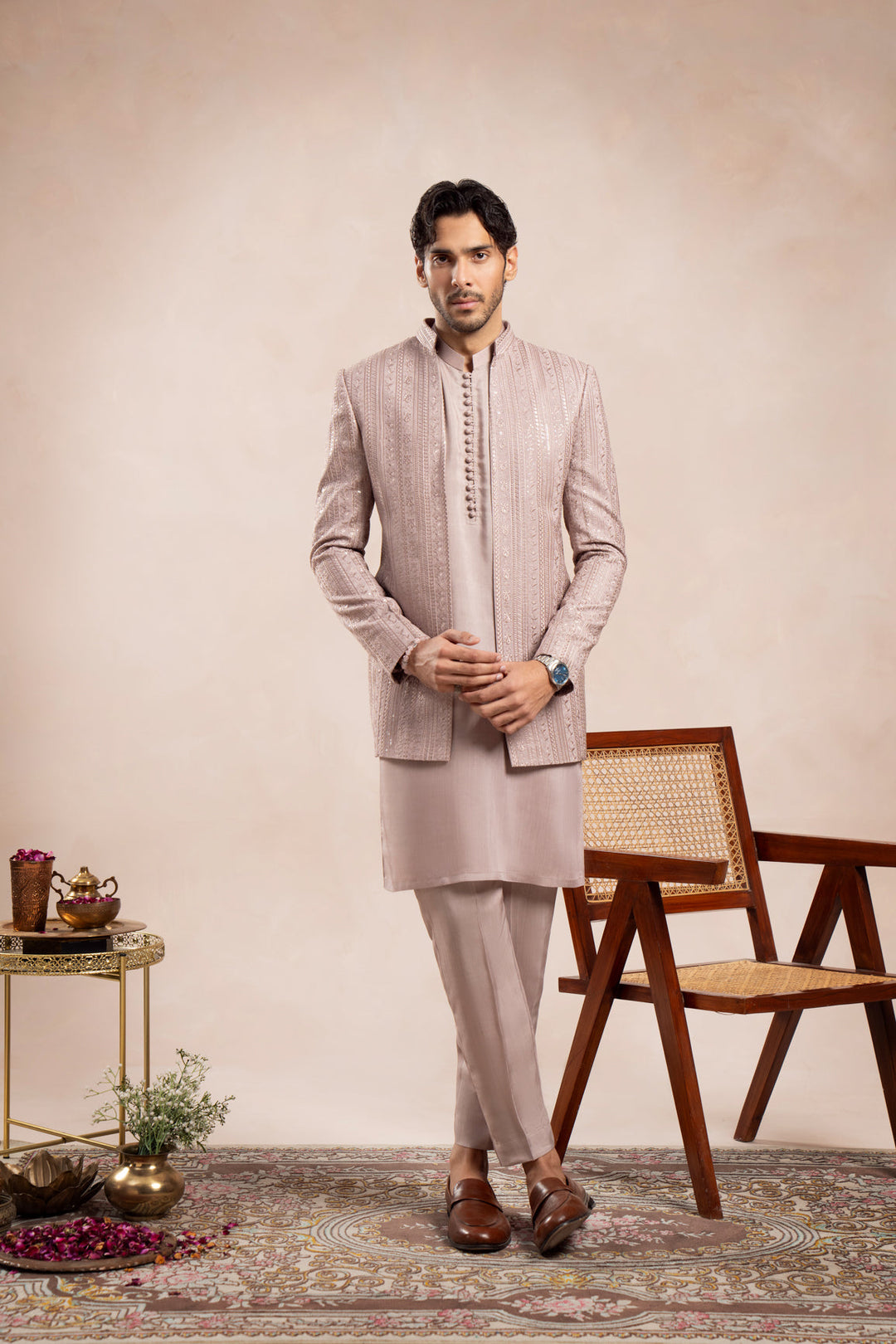 Muraqsh Ready To Wear Embroidered Cotton Men Pink Loop Kurta Trouser with Falling Open Prince Coat ABD-PLKTW - Summer Collection