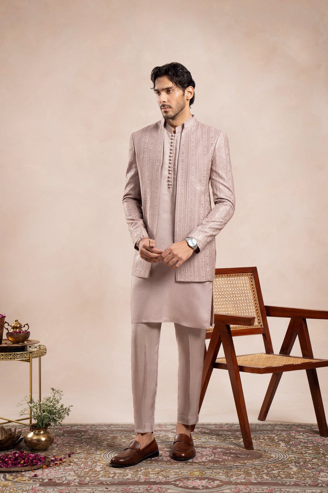 Muraqsh Ready To Wear Embroidered Cotton Men Pink Loop Kurta Trouser with Falling Open Prince Coat ABD-PLKTW - Summer Collection