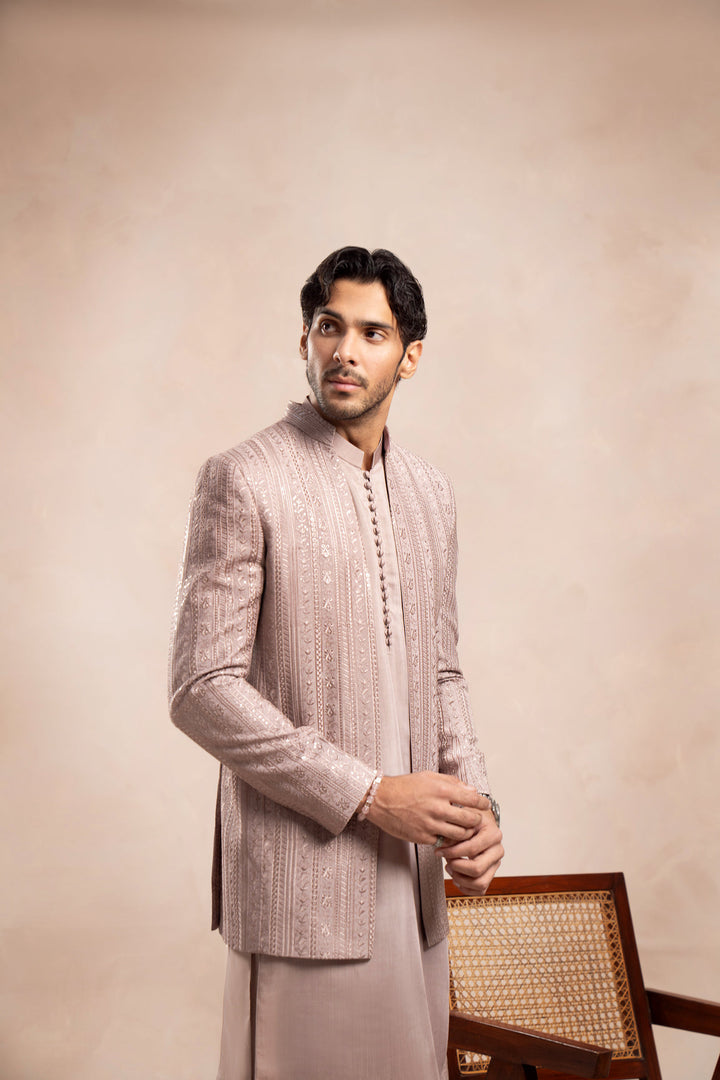 Muraqsh Ready To Wear Embroidered Cotton Men Pink Loop Kurta Trouser with Falling Open Prince Coat ABD-PLKTW - Summer Collection