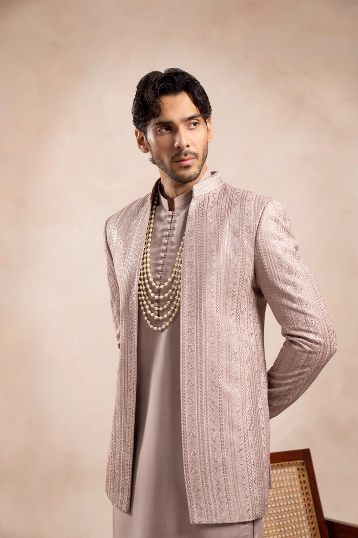 Muraqsh Ready To Wear Embroidered Cotton Men Pink Loop Kurta Trouser with Falling Open Prince Coat ABD-PLKTW - Summer Collection