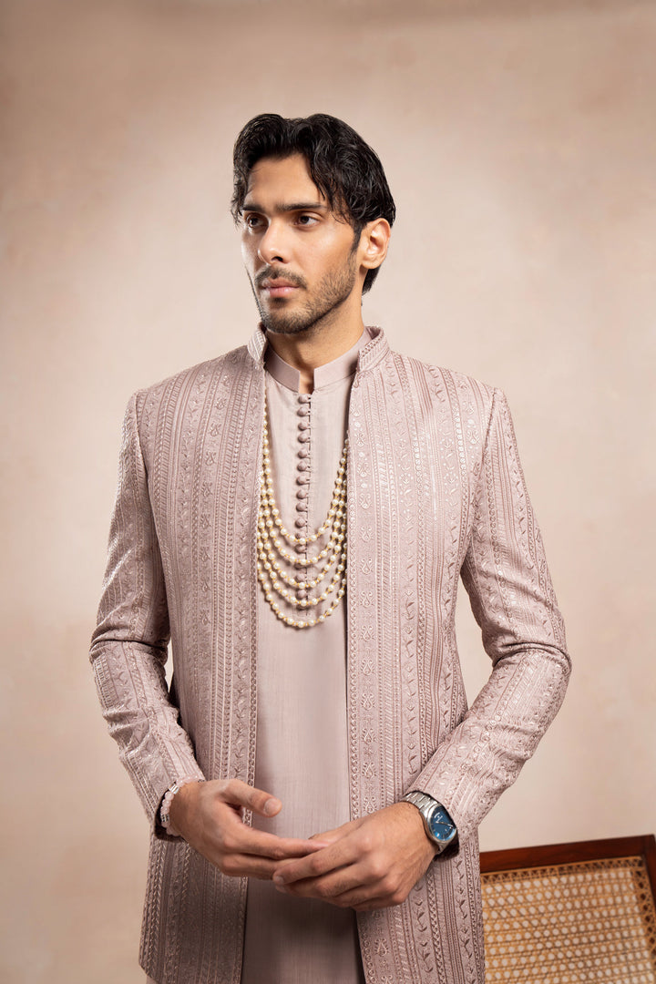 Muraqsh Ready To Wear Embroidered Cotton Men Pink Falling Open Prince Coat MUR-PFEOP - Summer Collection