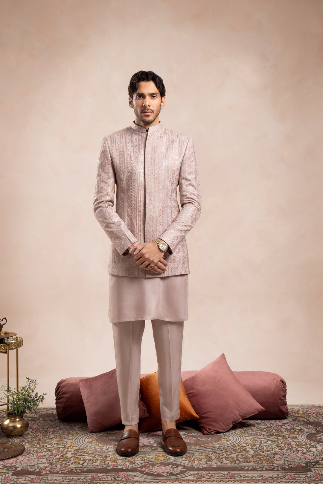 Muraqsh Ready To Wear Embroidered Cotton Men Pink Falling Prince Coat MUR-PFEPC - Summer Collection