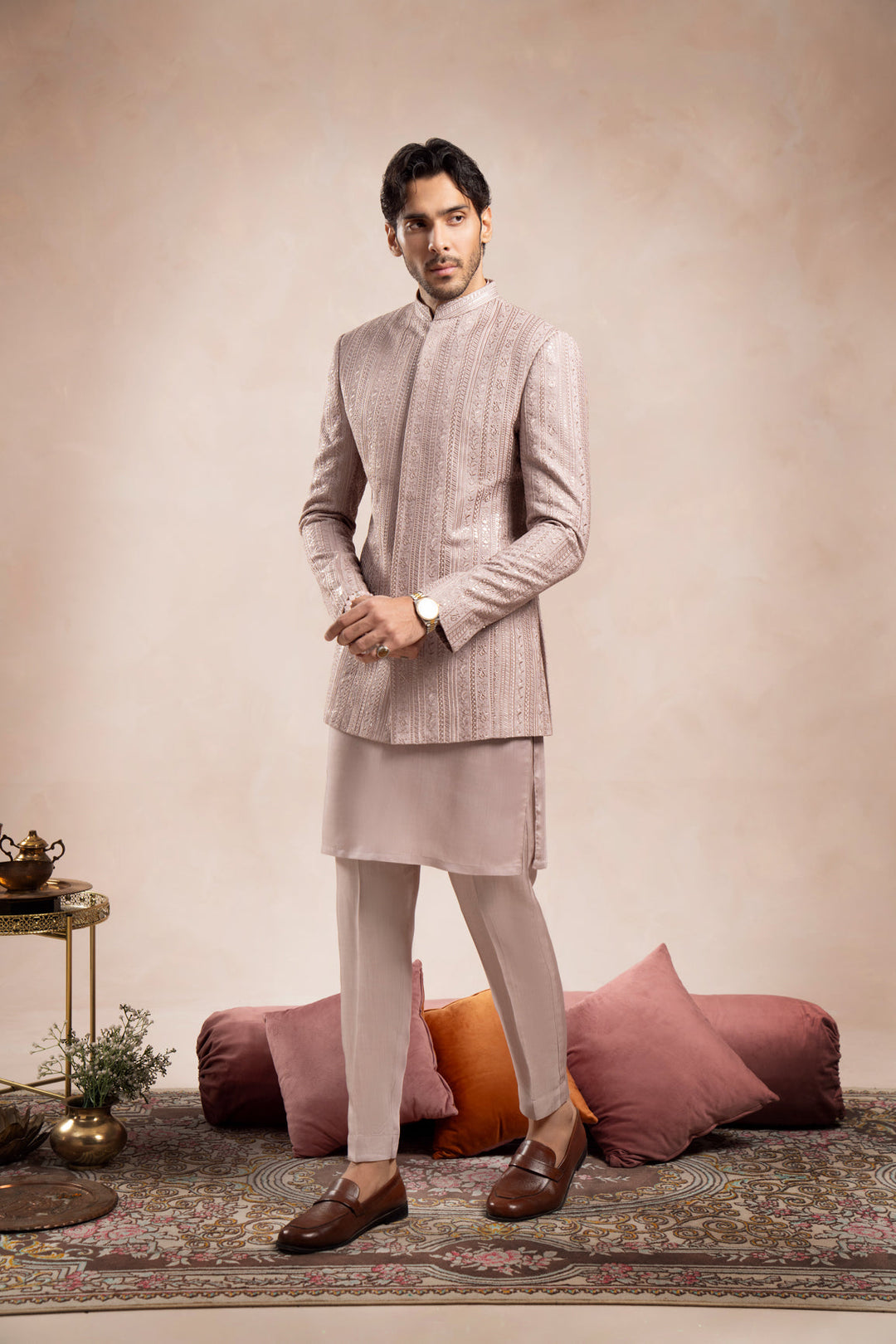 Muraqsh Ready To Wear Embroidered Cotton Men Pink Falling Prince Coat MUR-PFEPC - Summer Collection