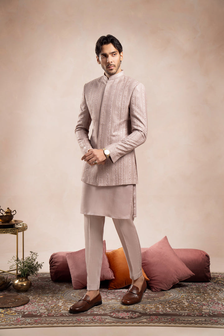 Muraqsh Ready To Wear Embroidered Cotton Men Pink Kurta Trouser with Falling Prince Coat ABD-PKTWF - Summer Collection