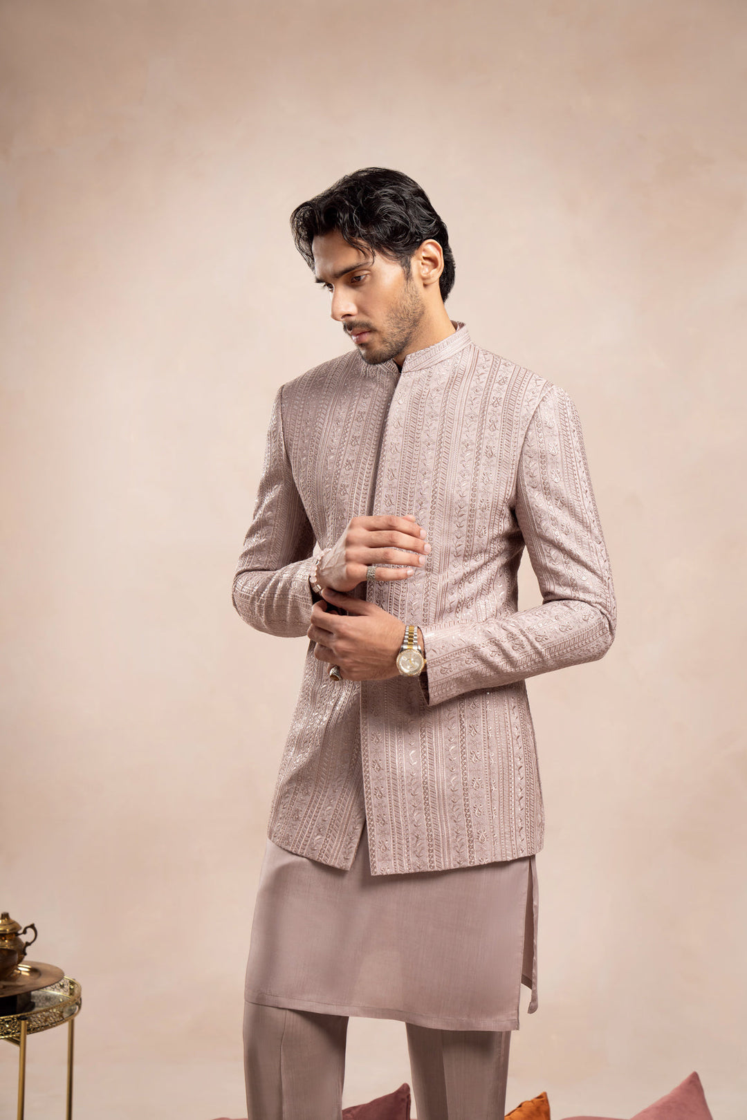 Muraqsh Ready To Wear Embroidered Cotton Men Pink Kurta Trouser with Falling Prince Coat ABD-PKTWF - Summer Collection