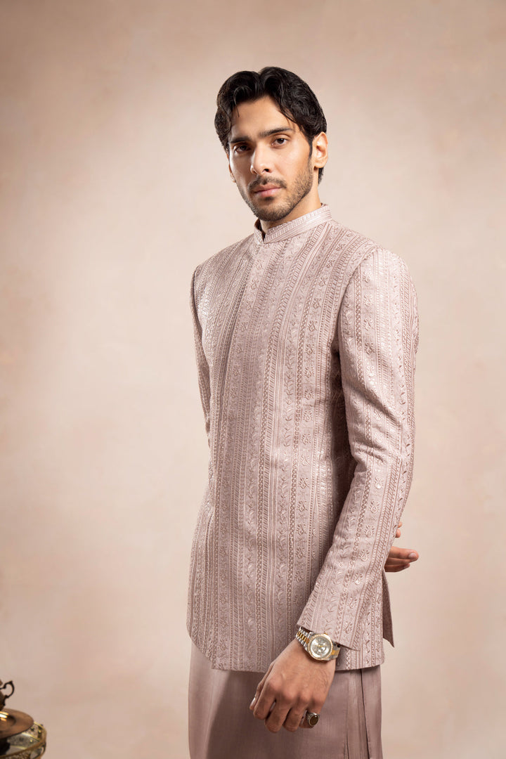 Muraqsh Ready To Wear Embroidered Cotton Men Pink Kurta Trouser with Falling Prince Coat ABD-PKTWF - Summer Collection