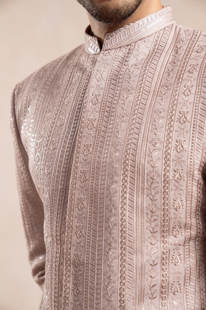 Muraqsh Ready To Wear Embroidered Cotton Men Pink Falling Prince Coat MUR-PFEPC - Summer Collection