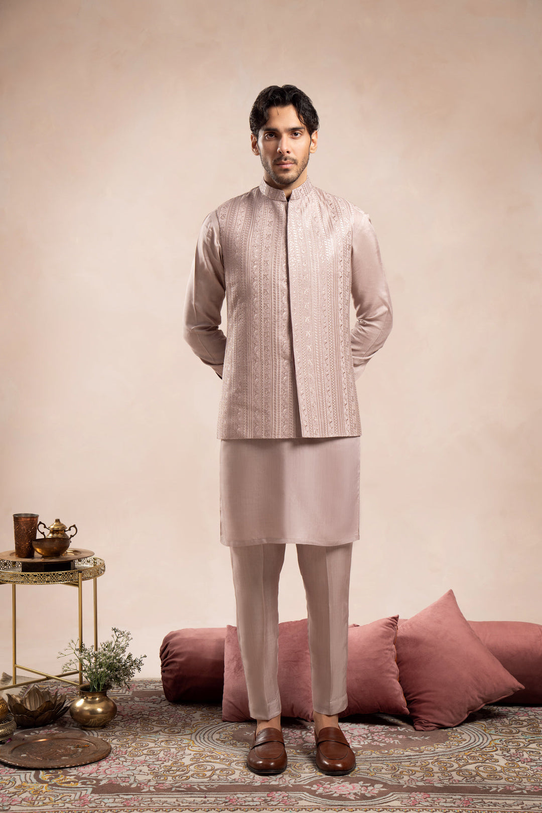 Muraqsh Ready To Wear Embroidered Cotton Men Pink Kurta Trouser Falling Waistcoat MUR-PKTFE - Summer Collection