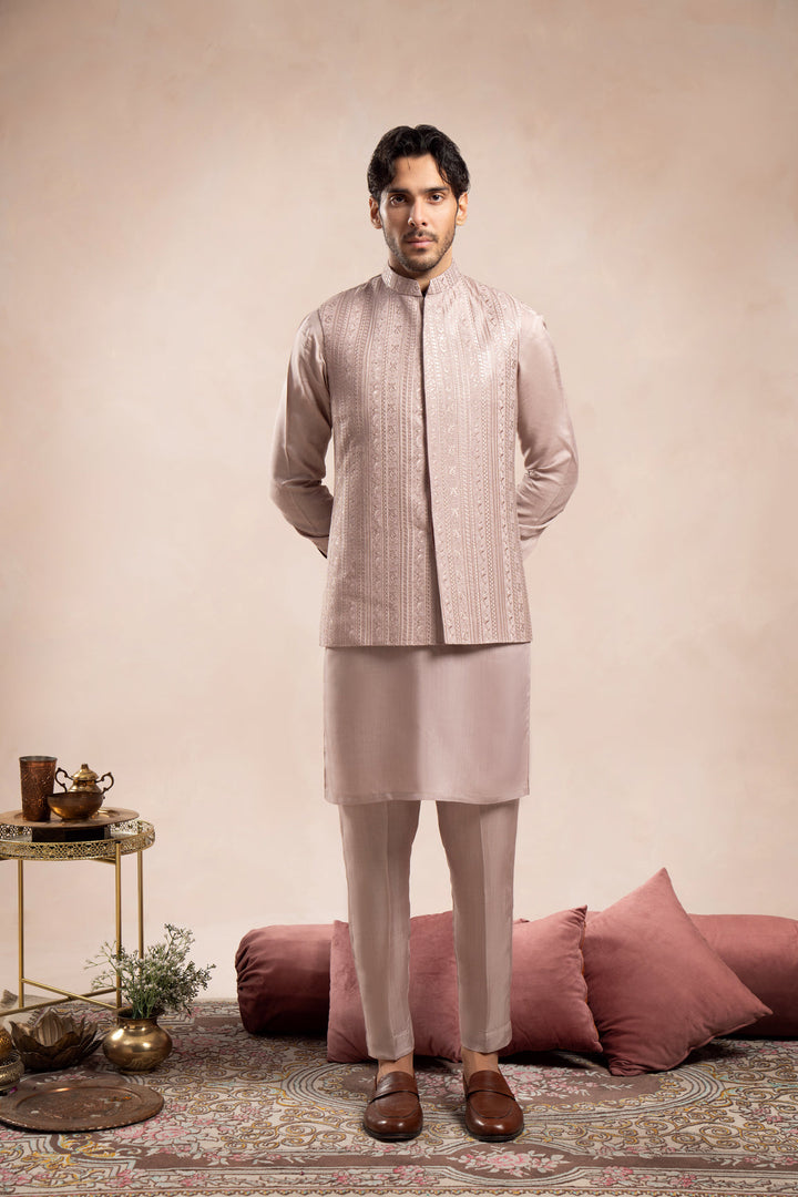 Muraqsh Ready To Wear Embroidered Cotton Men Pink Kurta Trouser Falling Waistcoat MUR-PKTFE - Summer Collection