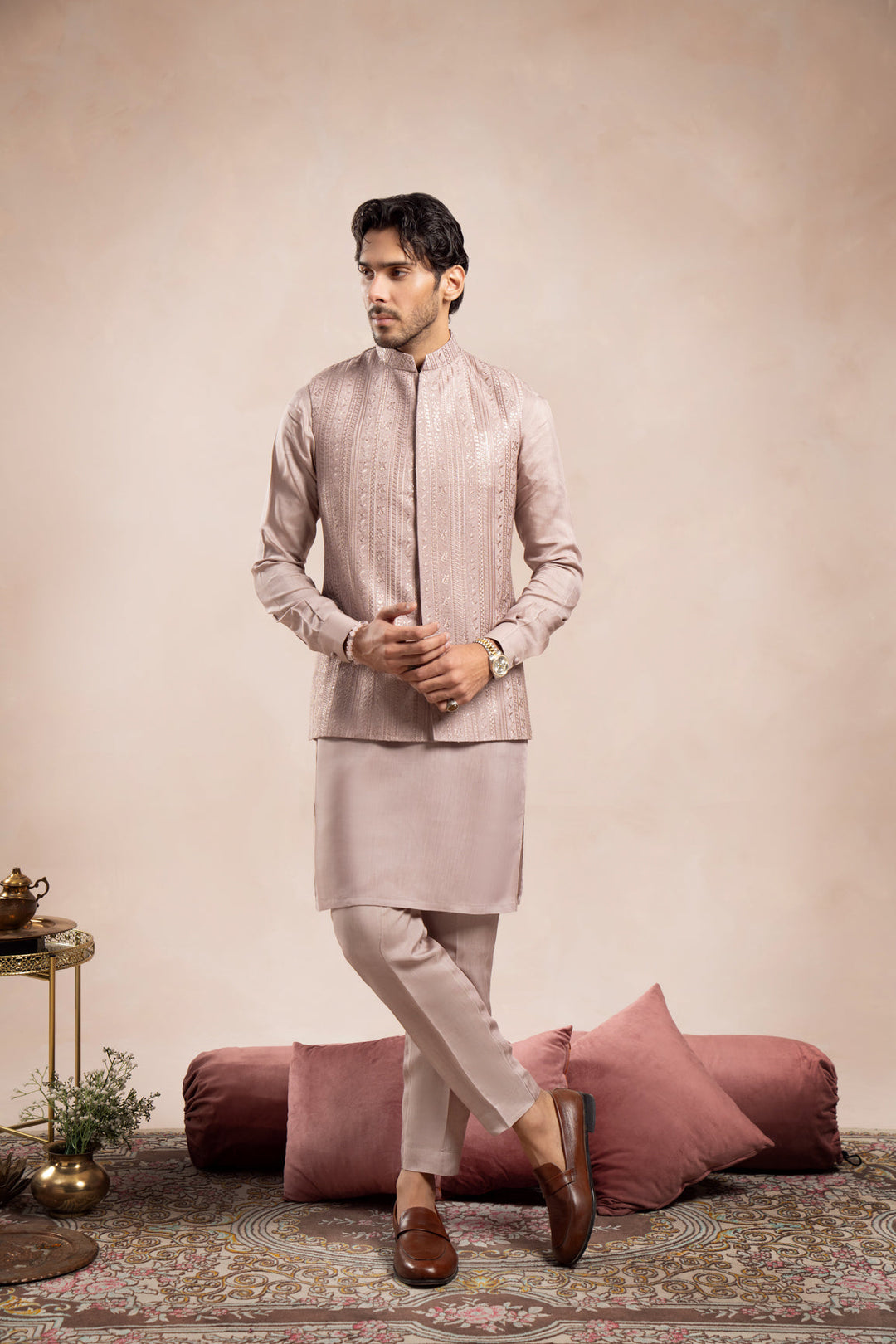 Muraqsh Ready To Wear Embroidered Cotton Men Pink Falling Embroidered Waistcoat MUR-PFEW - Summer Collection