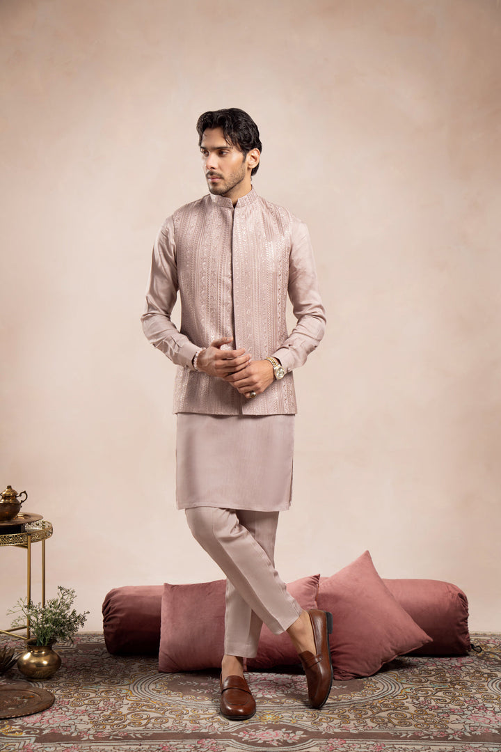Muraqsh Ready To Wear Embroidered Cotton Men Pink Falling Embroidered Waistcoat MUR-PFEW - Summer Collection