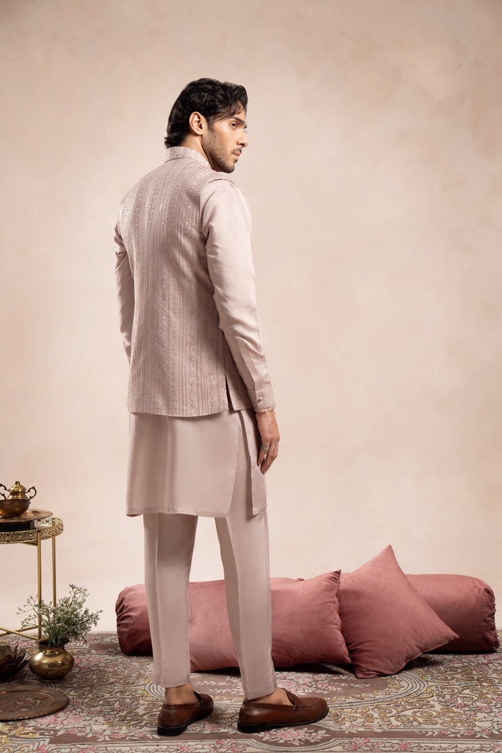 Muraqsh Ready To Wear Embroidered Cotton Men Pink Kurta Trouser Falling Waistcoat MUR-PKTFE - Summer Collection