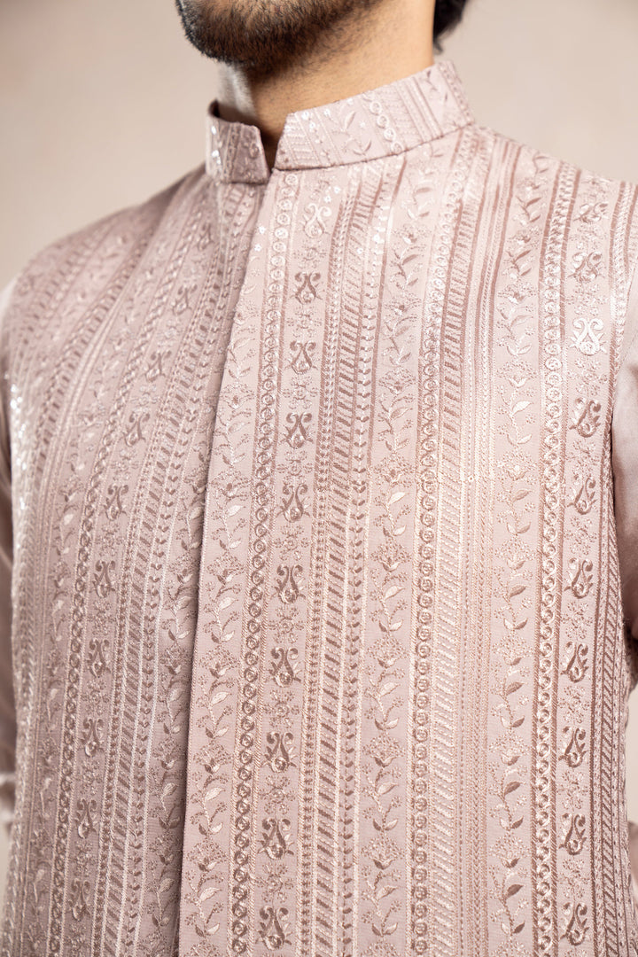 Muraqsh Ready To Wear Embroidered Cotton Men Pink Falling Embroidered Waistcoat MUR-PFEW - Summer Collection