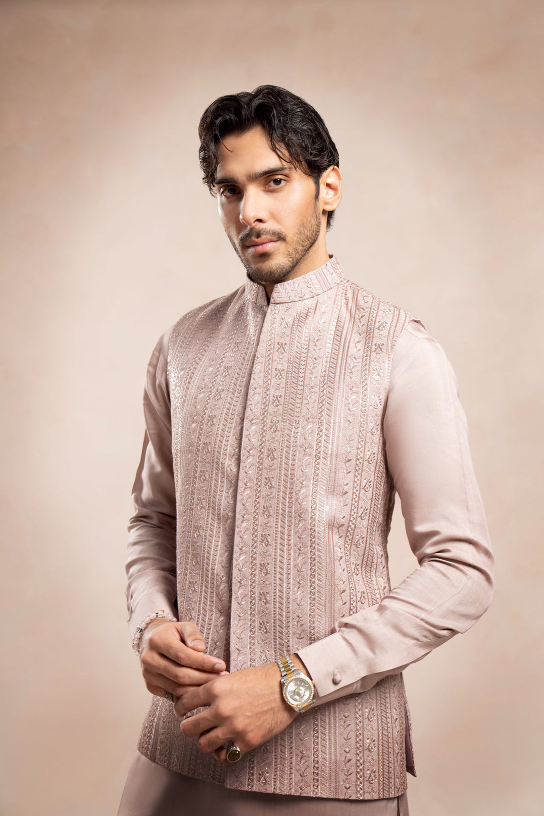 Muraqsh Ready To Wear Embroidered Cotton Men Pink Kurta Trouser Falling Waistcoat MUR-PKTFE - Summer Collection