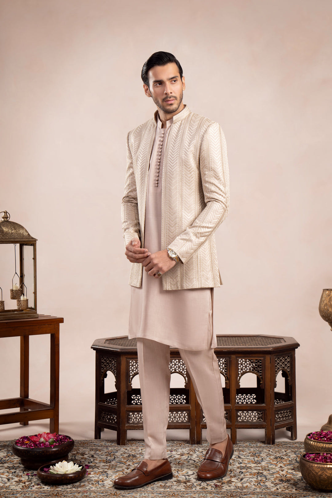 Muraqsh Ready To Wear Embroidered Cotton Men Coffee Beige Arrow Open Prince Coat MUR-CBAEO - Summer Collection