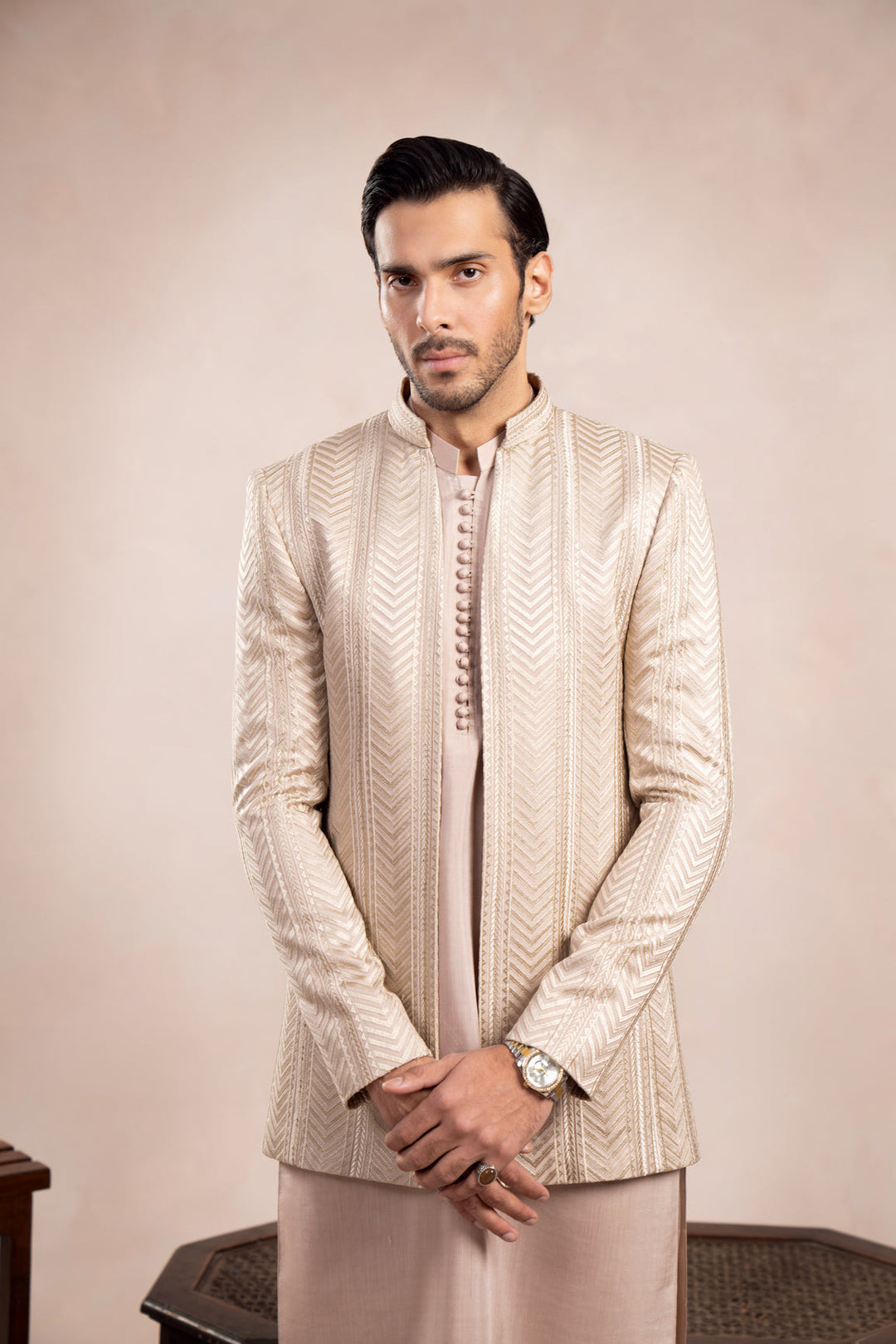 Muraqsh Ready To Wear Embroidered Cotton Men Coffee Beige Arrow Open Prince Coat MUR-CBAEO - Summer Collection