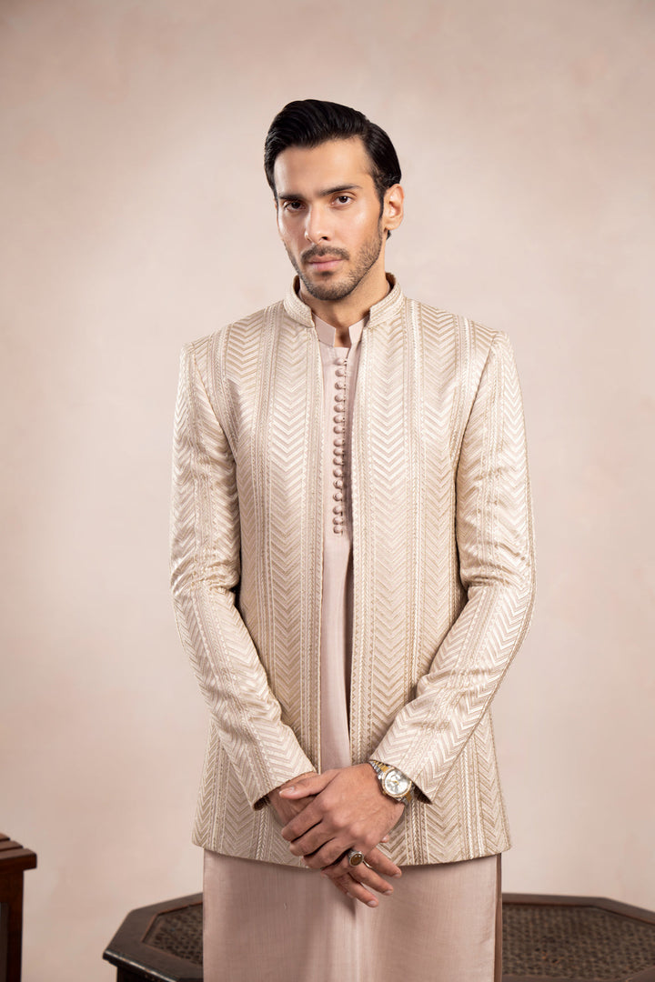 Muraqsh Ready To Wear Embroidered Cotton Men Coffee Beige Arrow Open Prince Coat MUR-CBAEO - Summer Collection
