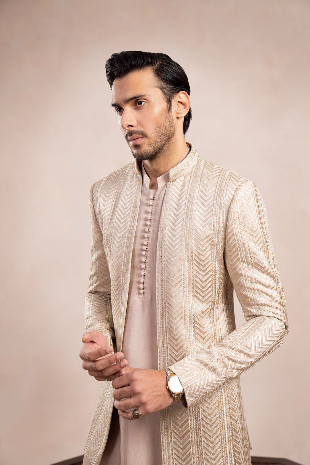 Muraqsh Ready To Wear Embroidered Cotton Men Coffee Beige Arrow Open Prince Coat MUR-CBAEO - Summer Collection