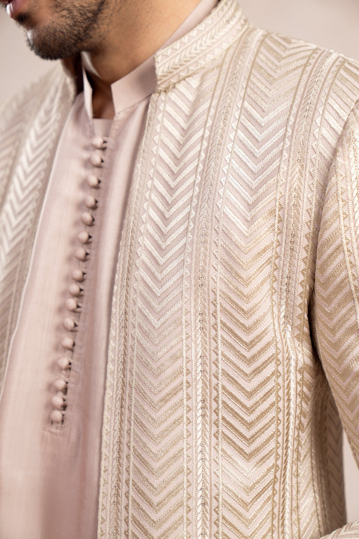 Muraqsh Ready To Wear Embroidered Cotton Men Coffee Beige Arrow Open Prince Coat MUR-CBAEO - Summer Collection