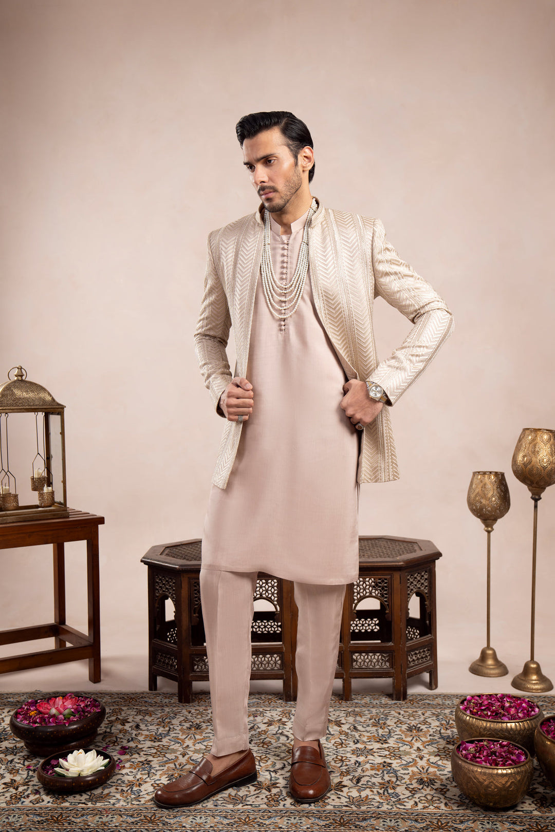 Muraqsh Ready To Wear Embroidered Cotton Men Coffee Beige Loop Kurta Trouser with Arrow Open Prince Coat ABD-CBLKT - Summer Collection