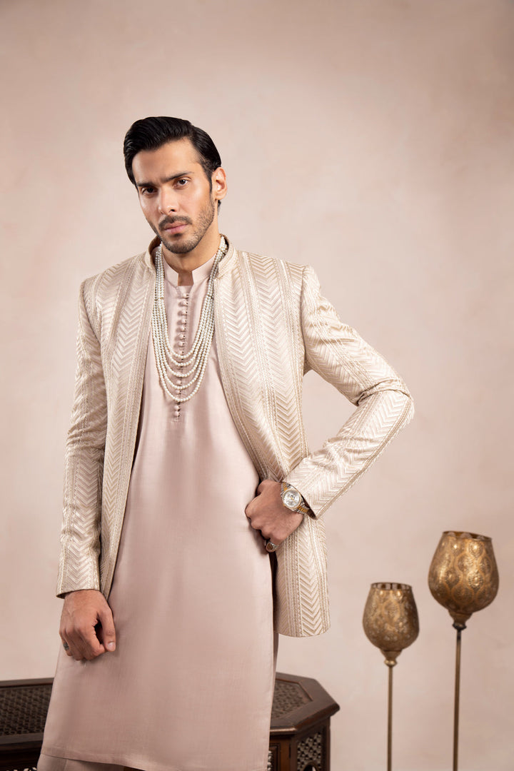 Muraqsh Ready To Wear Embroidered Cotton Men Coffee Beige Arrow Open Prince Coat MUR-CBAEO - Summer Collection