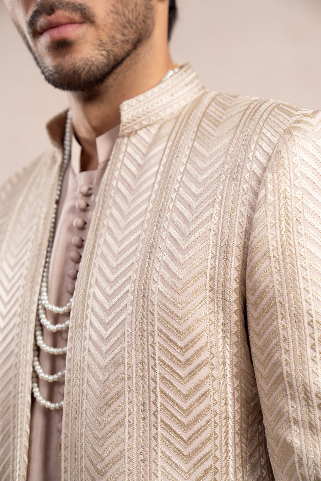 Muraqsh Ready To Wear Embroidered Cotton Men Coffee Beige Loop Kurta Trouser with Arrow Open Prince Coat ABD-CBLKT - Summer Collection