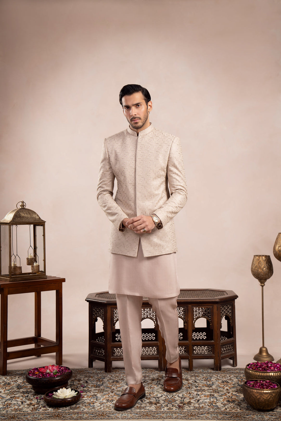 Muraqsh Ready To Wear Embroidered Cotton Men Coffee Beige Kurta Trouser with Square Prince Coat ABD-CBKTW - Summer Collection