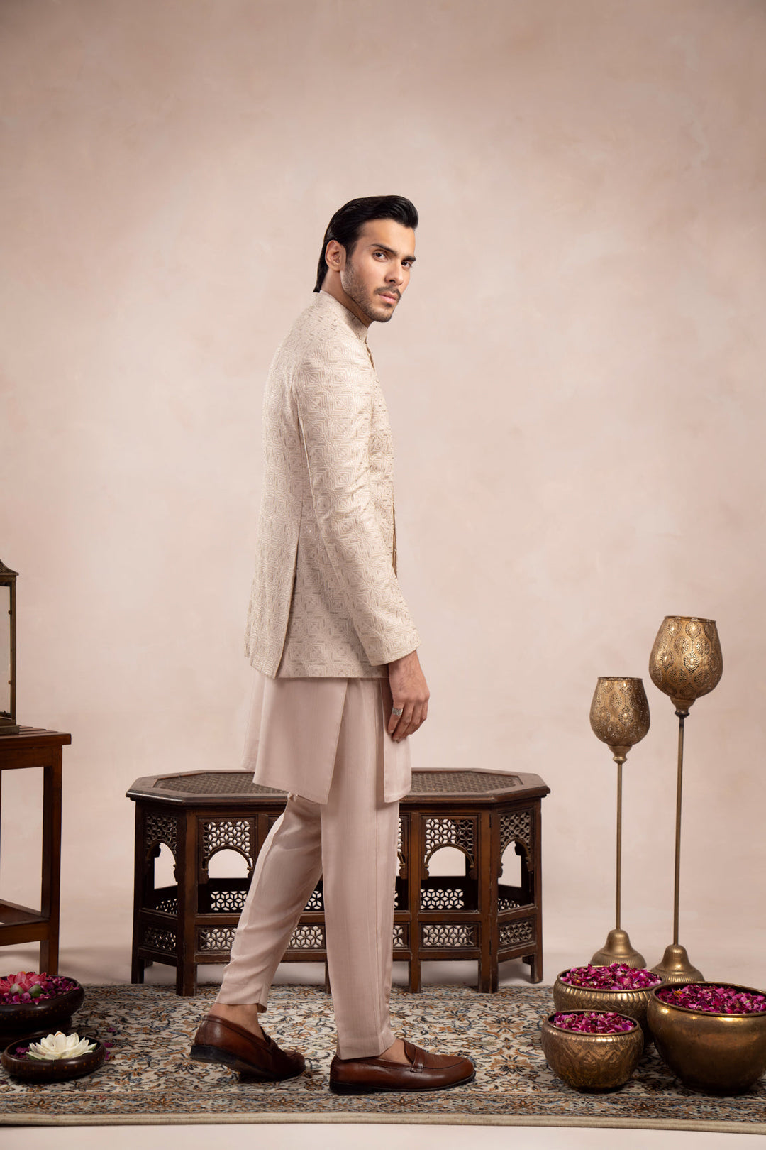 Muraqsh Ready To Wear Embroidered Cotton Men Coffee Beige Square Prince Coat MUR-CBSEP - Summer Collection