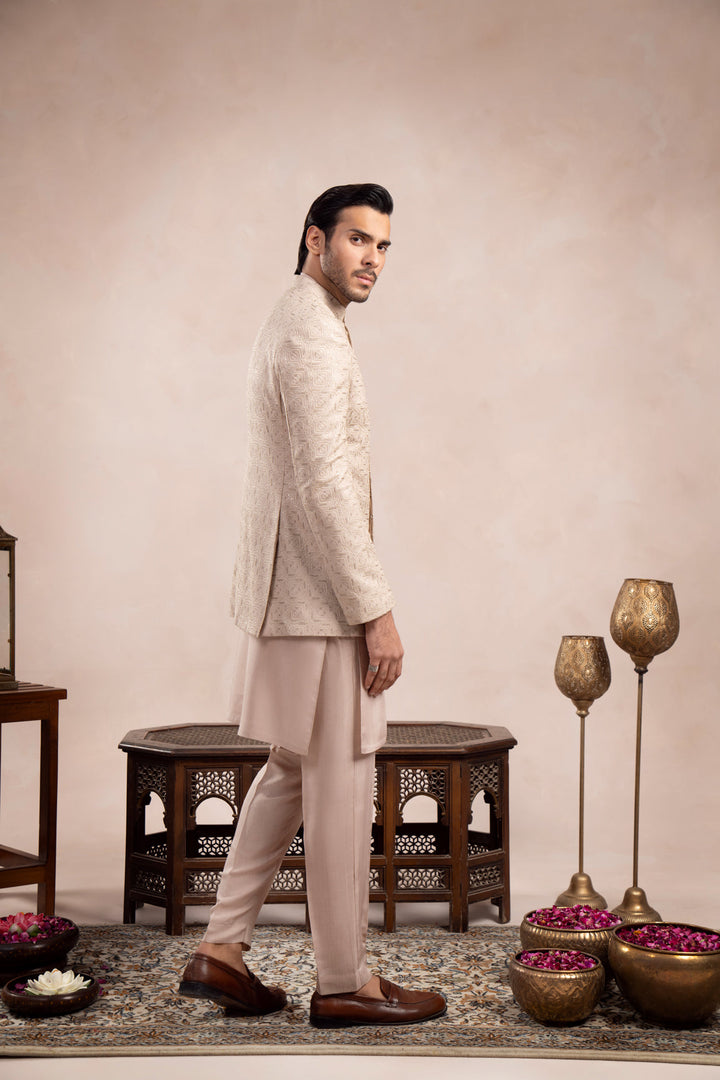 Muraqsh Ready To Wear Embroidered Cotton Men Coffee Beige Square Prince Coat MUR-CBSEP - Summer Collection