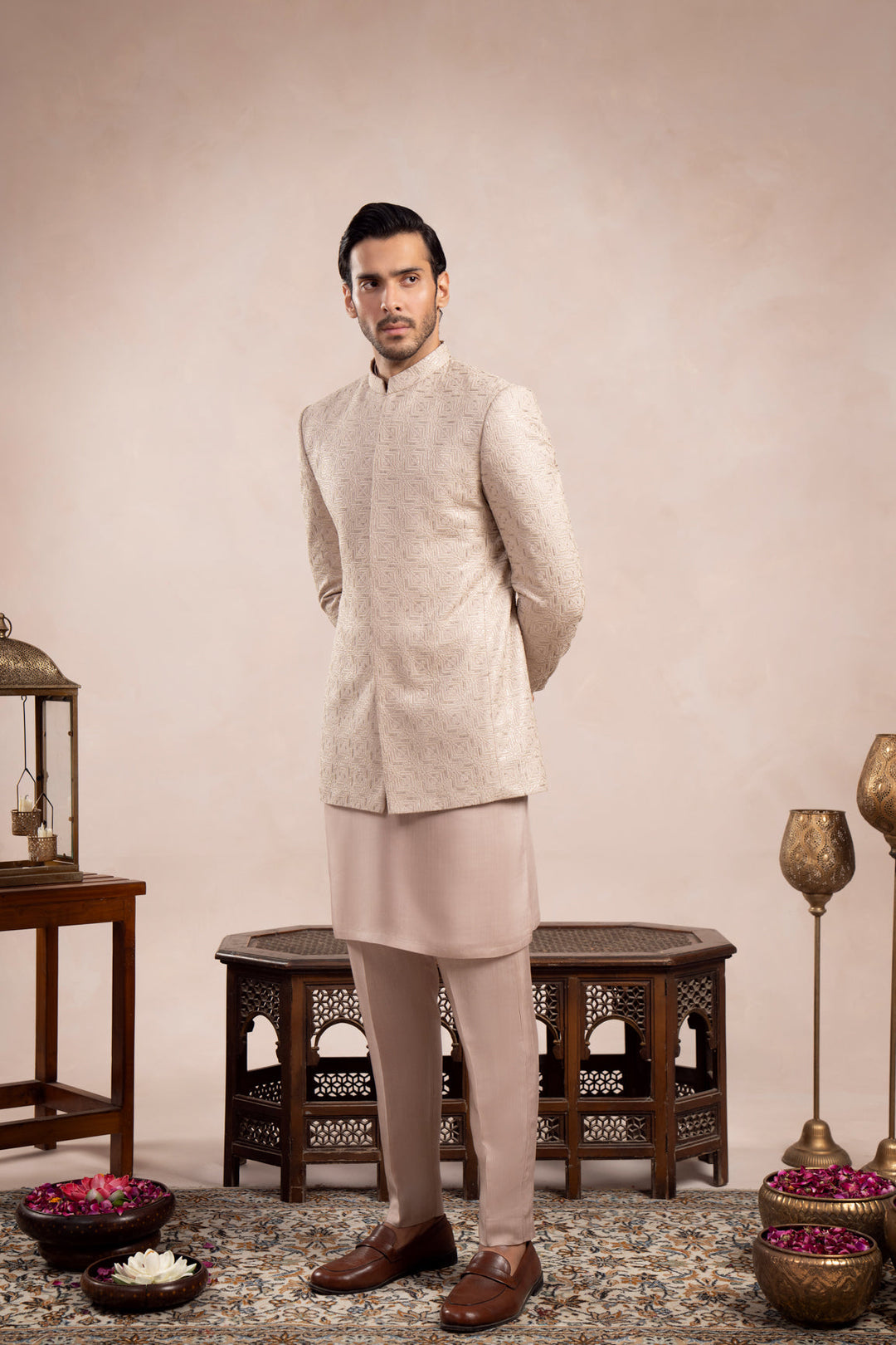 Muraqsh Ready To Wear Embroidered Cotton Men Coffee Beige Kurta Trouser with Square Prince Coat ABD-CBKTW - Summer Collection