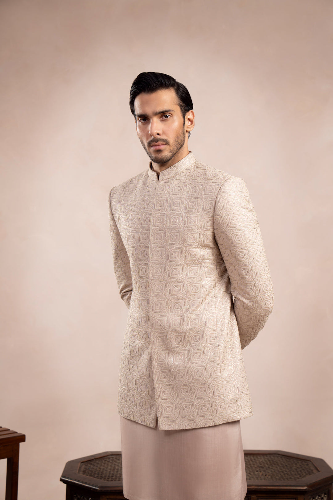 Muraqsh Ready To Wear Embroidered Cotton Men Coffee Beige Kurta Trouser with Square Prince Coat ABD-CBKTW - Summer Collection
