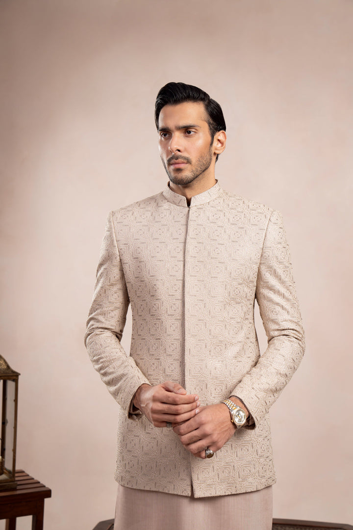 Muraqsh Ready To Wear Embroidered Cotton Men Coffee Beige Kurta Trouser with Square Prince Coat ABD-CBKTW - Summer Collection