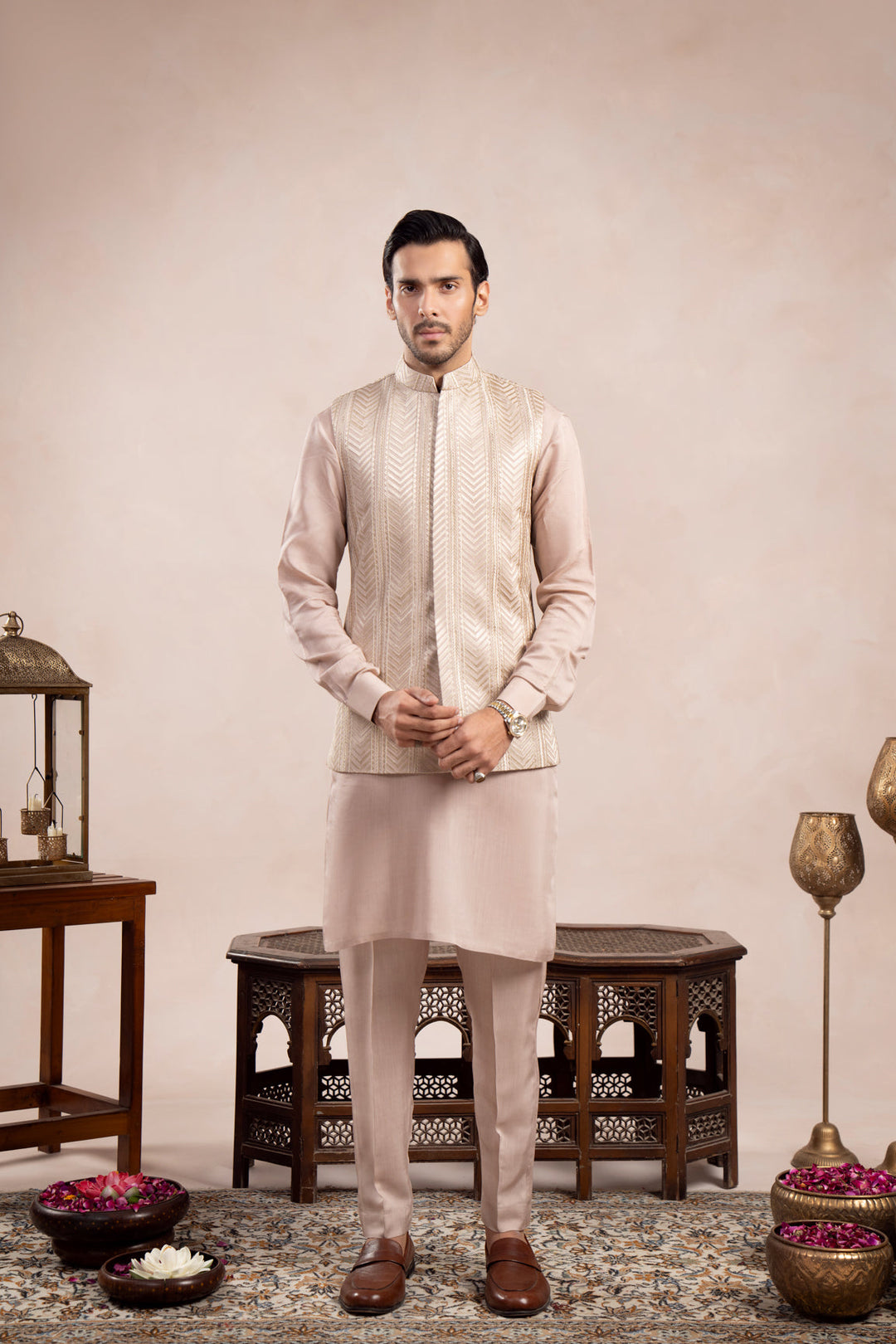 Muraqsh Ready To Wear Embroidered Cotton Men Coffee Beige Kurta Trouser with Arrow Waistcoat  MUR-CBKTW - Summer Collection