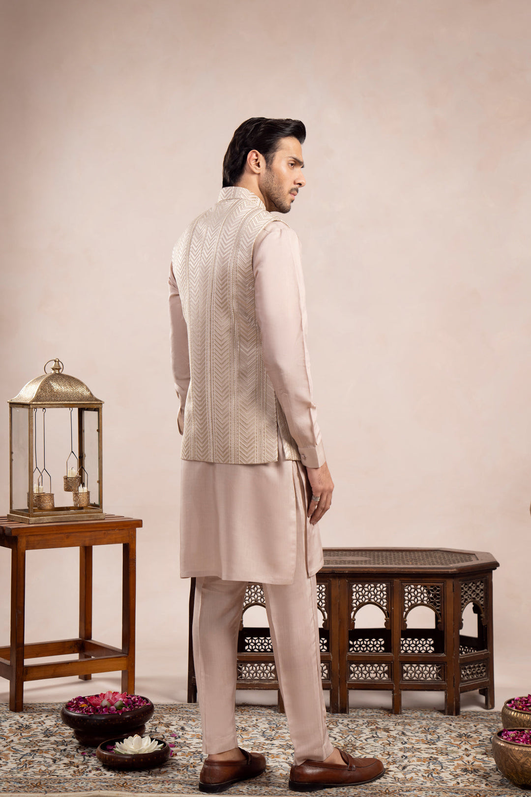 Muraqsh Ready To Wear Embroidered Cotton Men Coffee Beige Kurta Trouser with Arrow Waistcoat  MUR-CBKTW - Summer Collection