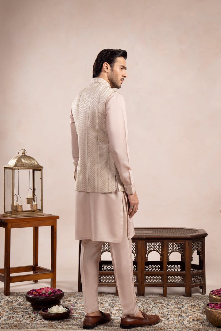 Muraqsh Ready To Wear Embroidered Cotton Men Coffee Beige Kurta Trouser with Arrow Waistcoat  MUR-CBKTW - Summer Collection