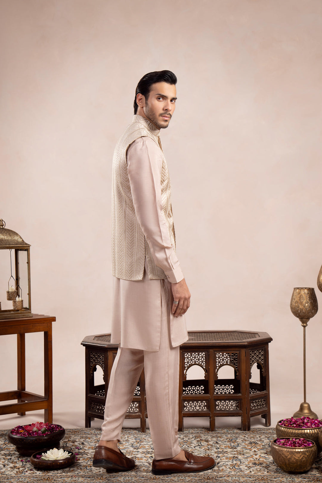 Muraqsh Ready To Wear Embroidered Cotton Men Coffee Beige Kurta Trouser with Arrow Waistcoat  MUR-CBKTW - Summer Collection