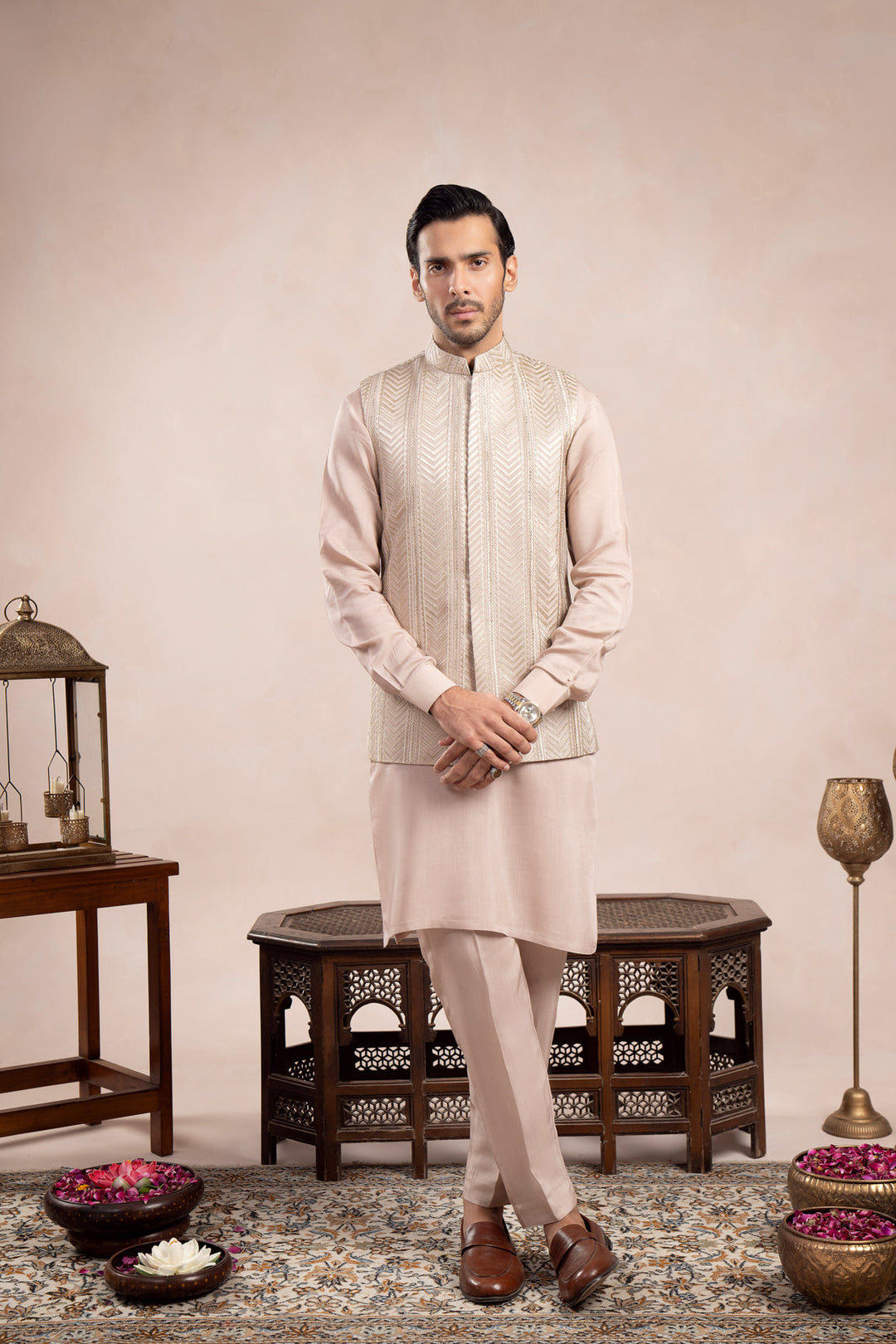 Muraqsh Ready To Wear Embroidered Cotton Men Coffee Beige Kurta Trouser with Arrow Waistcoat  MUR-CBKTW - Summer Collection