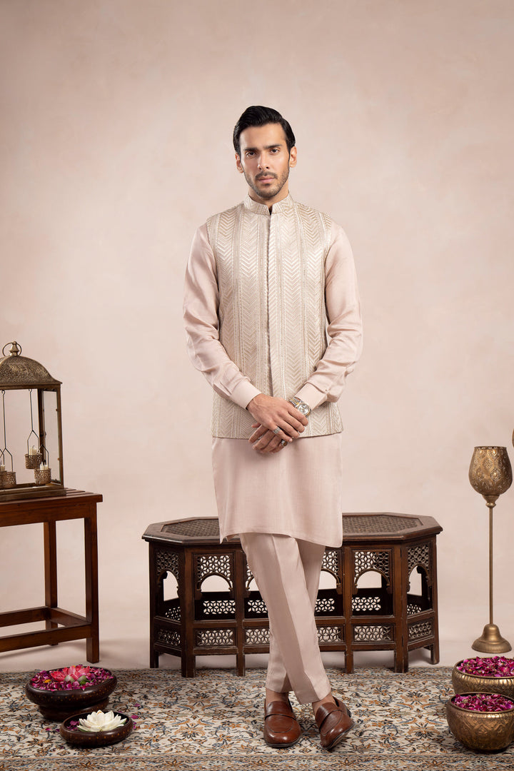 Muraqsh Ready To Wear Embroidered Cotton Men Coffee Beige Arrow Waistcoat MUR-CBAEW - Summer Collection